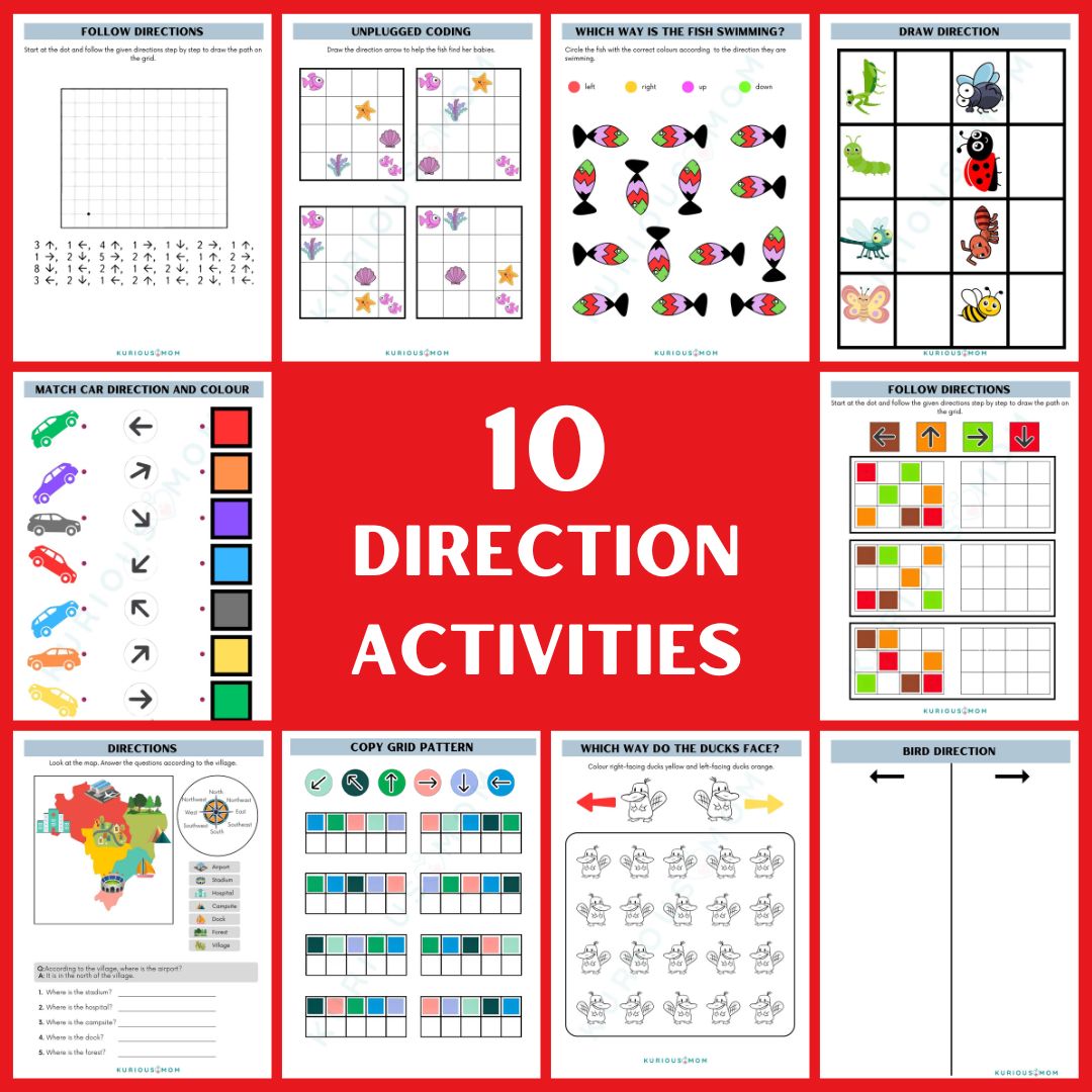 Direction Worksheets for Kids (10 Activities Bundle)